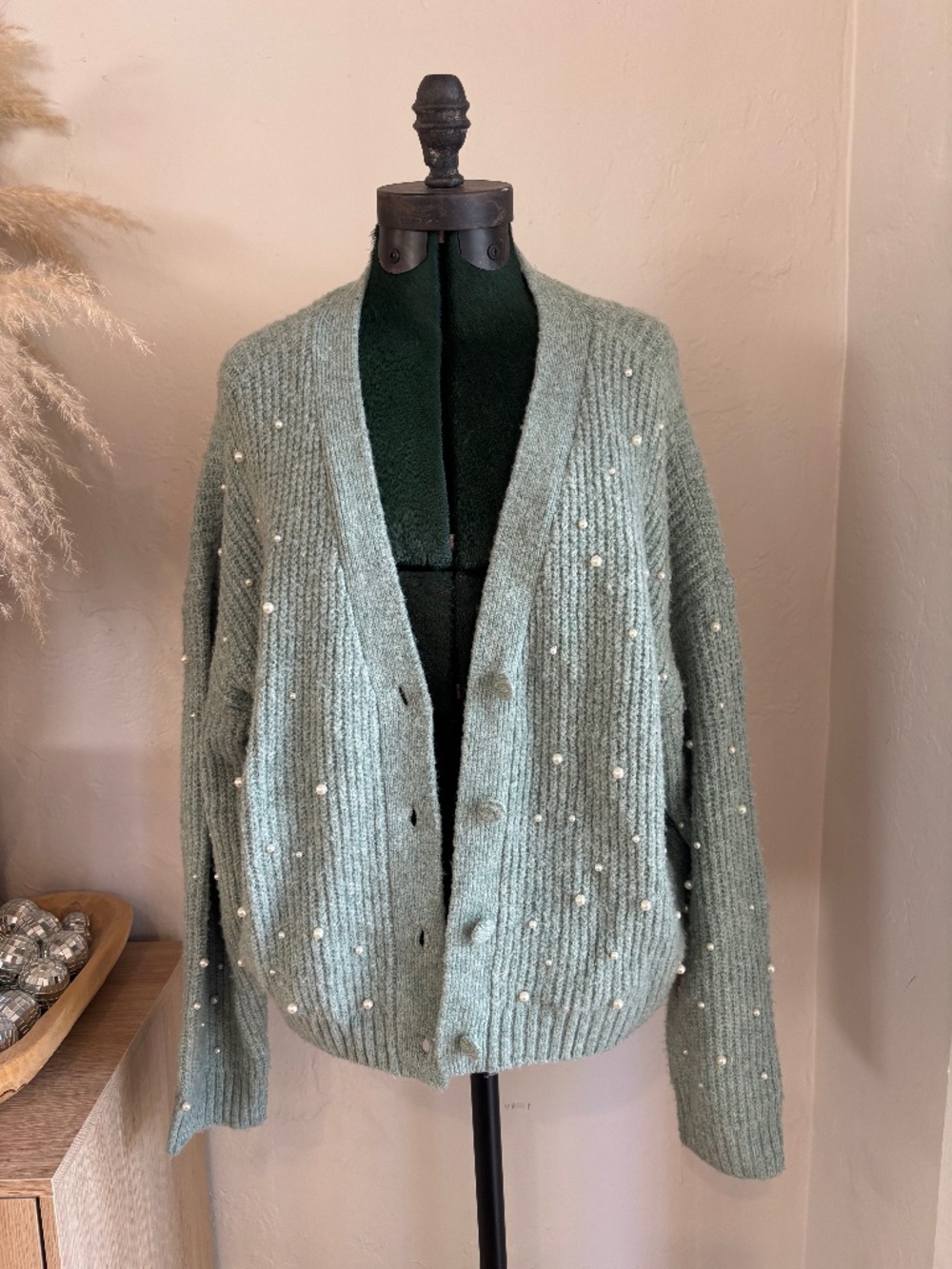 Lush mint green cardigan sweater with pearls